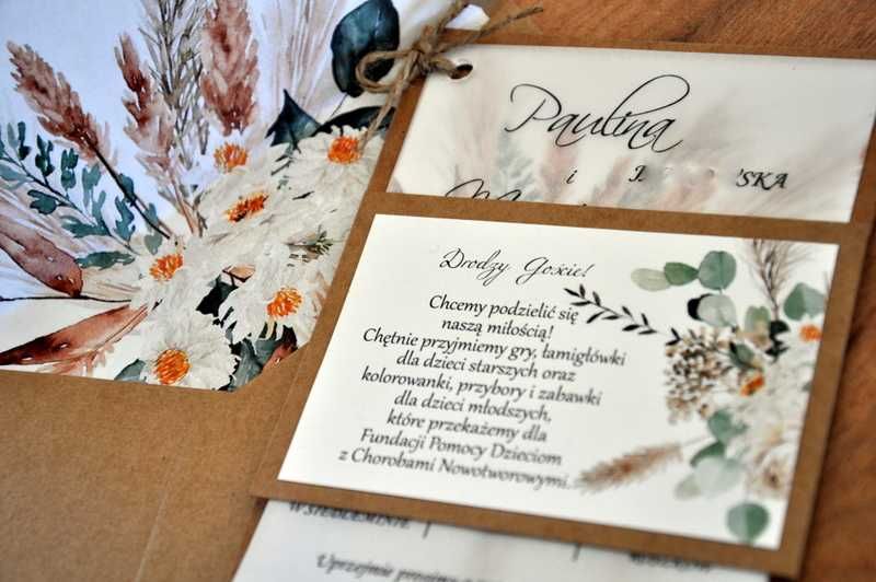 Zaproszenie, kalka, na podkładach, Boho, Rustykalne Trawy, Ślub