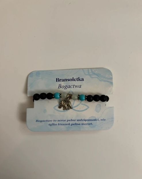 bransoletka bogactwa z kamieni naturalnych z zawieszką słonik turkus czarna elegancka