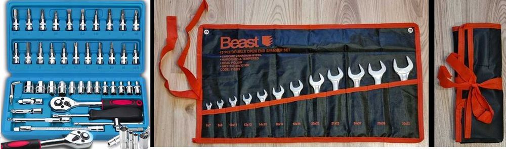 Zestaw: klucze płaskie 12szt. (roz. 6-32) + kluczy nasadowych 46el.