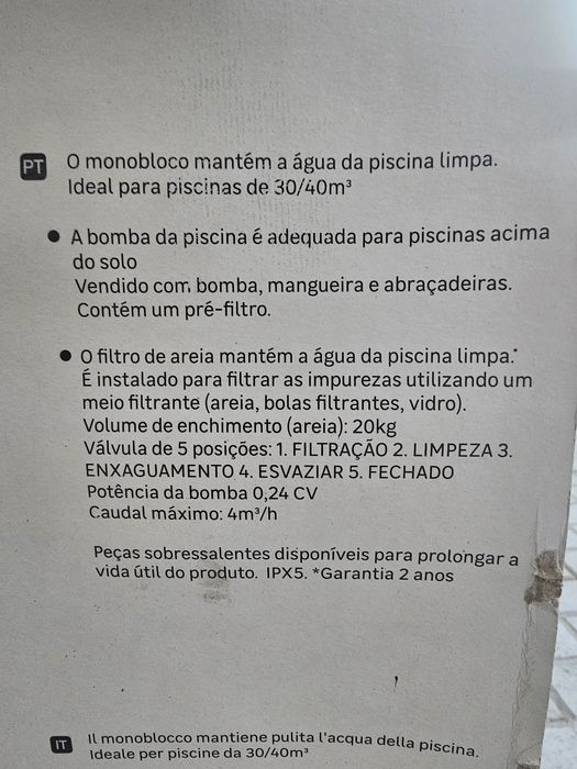 Piscina Bestway + Monobloco filtragem

Dimensões: 427x250x250x100 cm