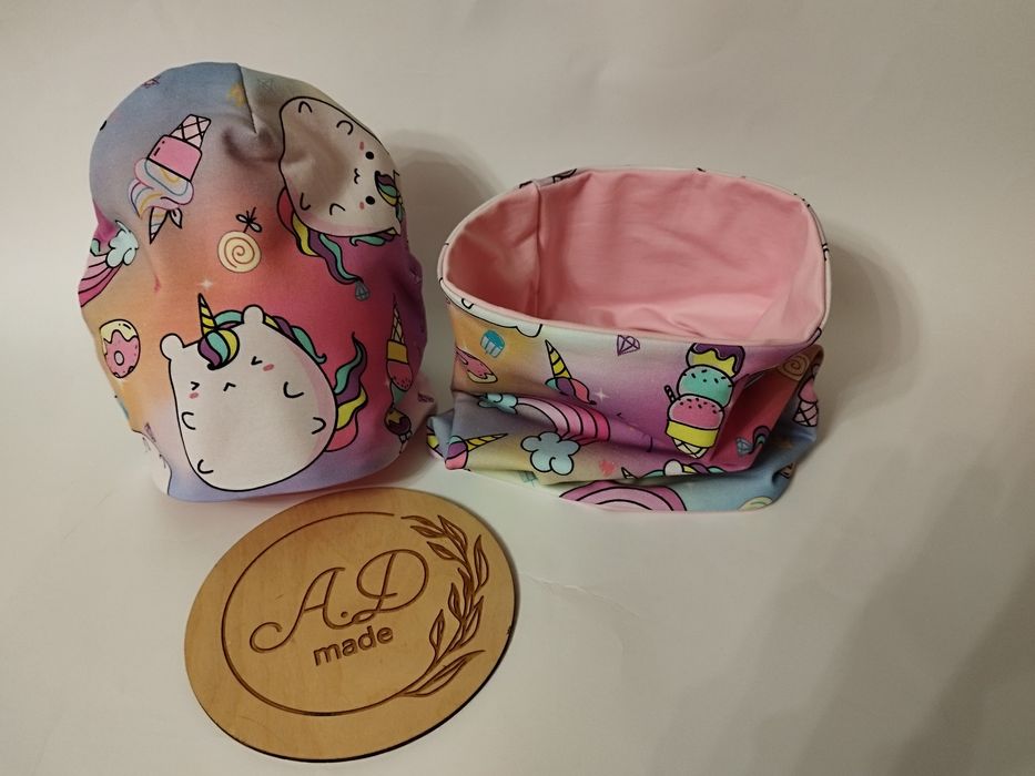 Komplet zestaw czapka komin bawełniany Kot jednorożec pushen