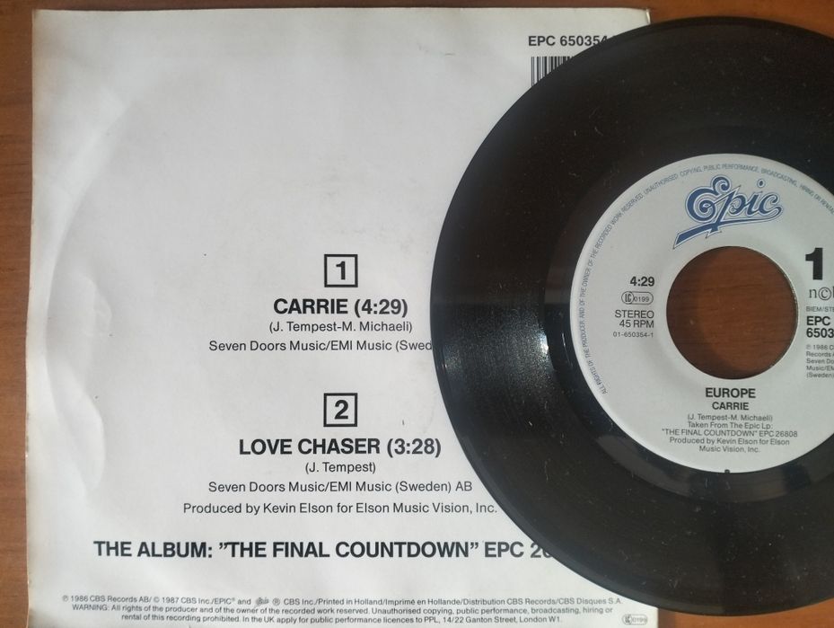 Disco de vinil single Europe - Carrie'