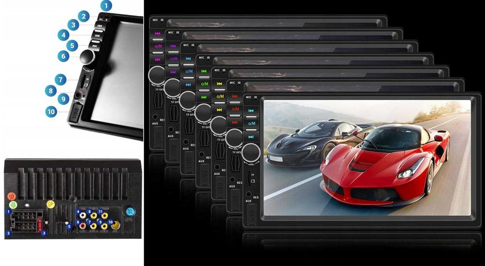 Radio Samochodowe 2DIN Ekran 7 Cali Led Mirror Link MP5 Play USB SD MP3 Głośnomówiący Bluetooth Zestaw Parkowania do Kamera Cofania Kostki ISO Pilot