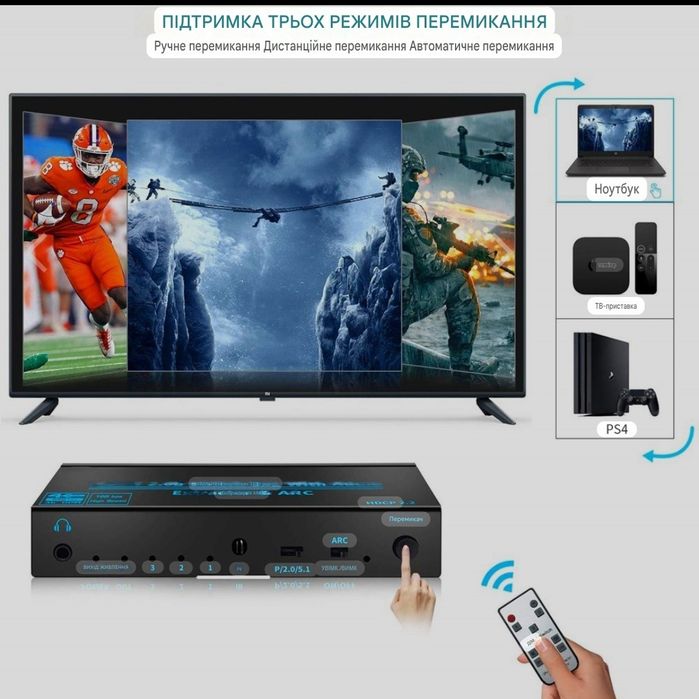 HDMI перемикач 3×1 з аудіоекстрактором 4K 60Hz ARC SPDIF AUX RCA HDMI