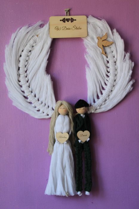 Ślub para młoda/ anioł w ramce makrama prezent handmade