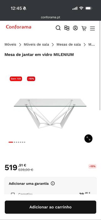 Mesa de jantar em vidro 200x100x75 cm