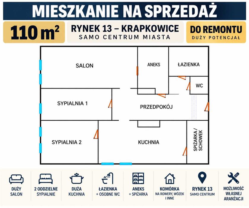 Mieszkanie 110 m² do remontu – Krapkowice, Rynek 13