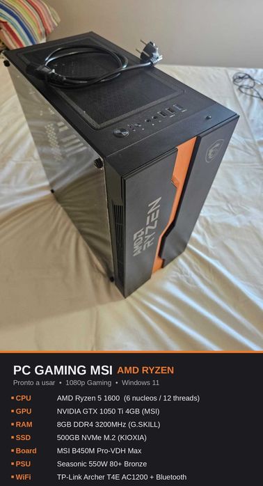 PC Gaming MSI AMD Ryzen 5 + GTX 1050 Ti | SSD NVMe 500GB | WiFi | Pronto a usar
