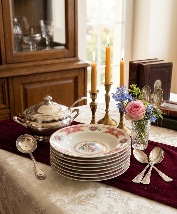 Conjunto de Pratos de Sopa Antigos – Porcelana com Motivo Floral