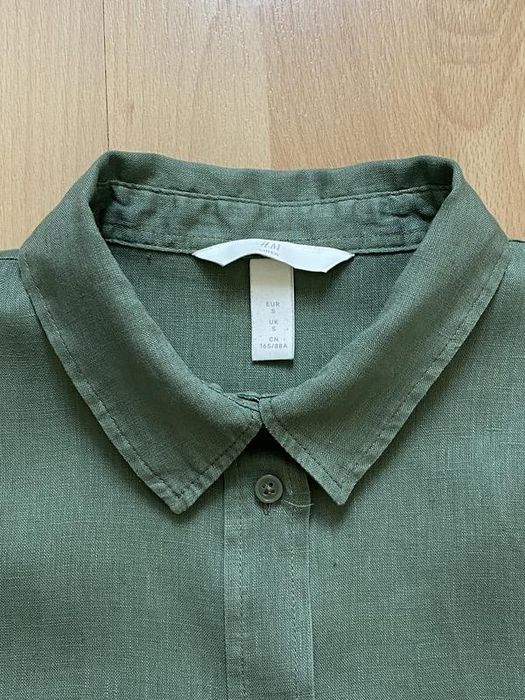 Льняная оверсайз рубашка h&m 100% лен, хаки, s