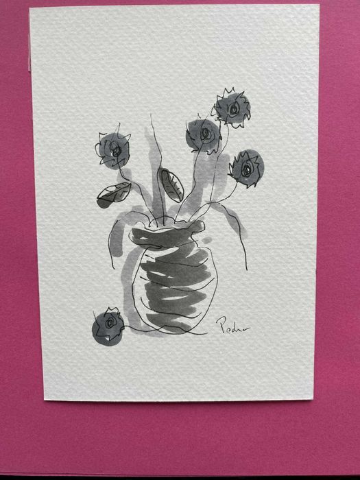 Postal original ilustrado à mão (vaso de flores)