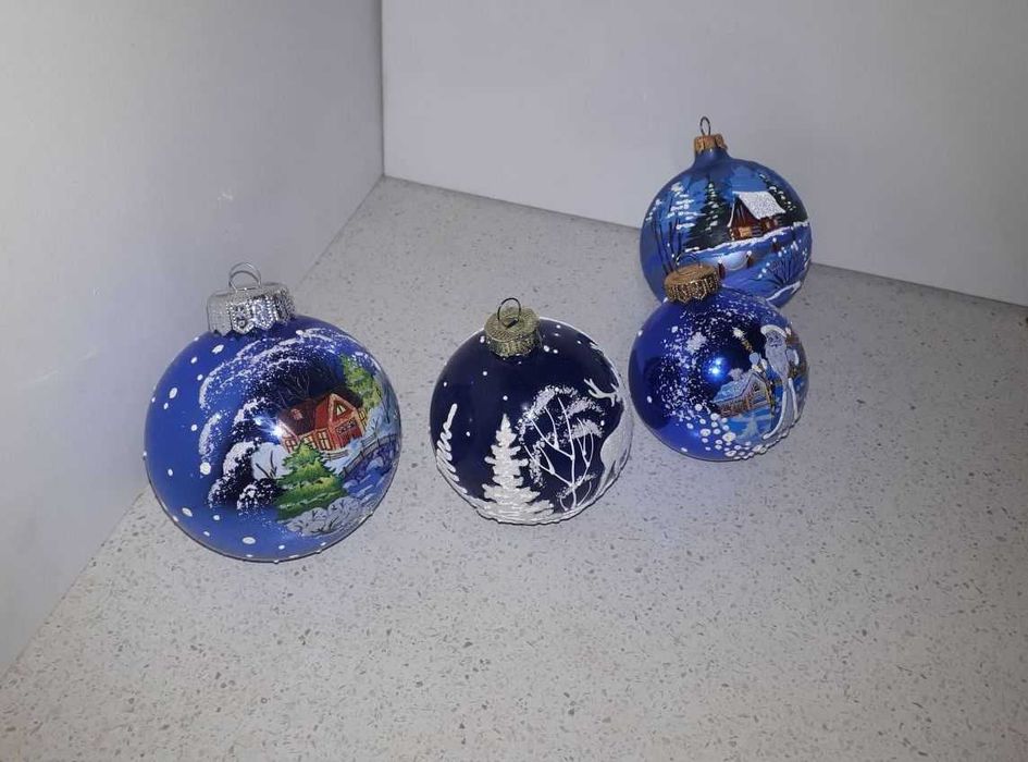 Кулі новорічні сині з об'ємним сніжним малюнком. Кулі на ялинку.