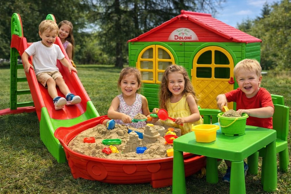 Набір для дітей будиночок гірка,пісочниця з накриттям,Будиночок,гірка