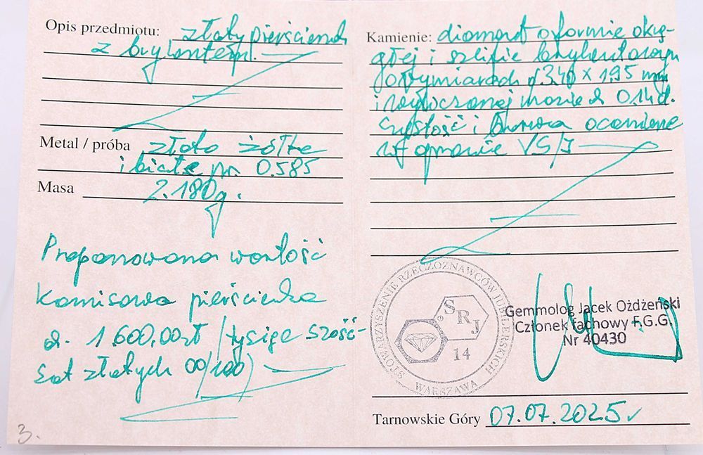 Złoty pierścionek p.585/2,18g z brylantem