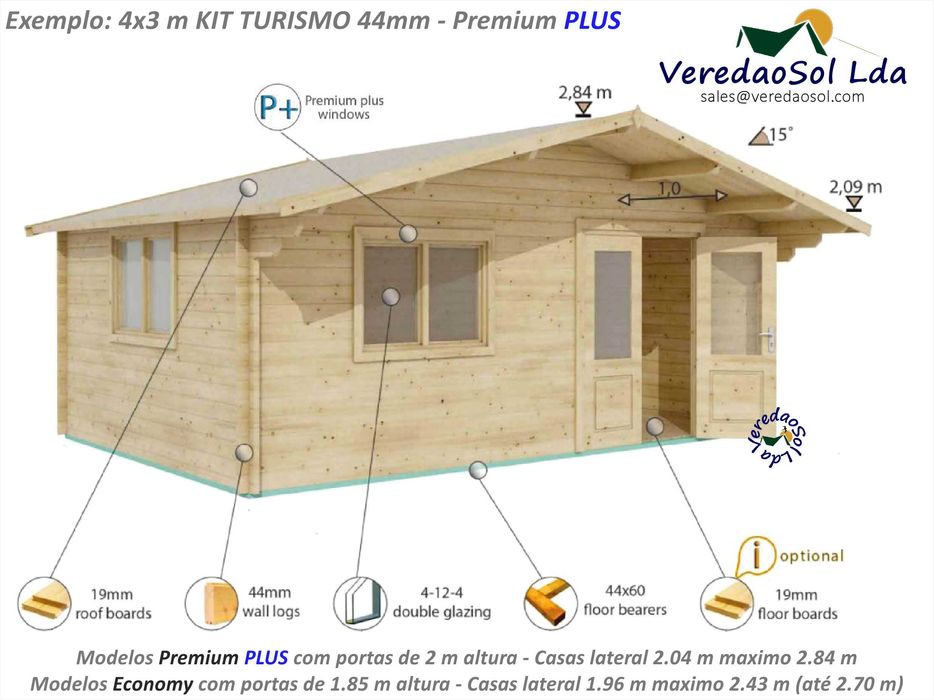 Casa madeira TURISMO-Linus 44mm - partir de 4x3 m  Com e sem c.d banho