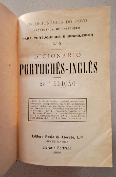 Antigo Dicionario 25ª Edição - DICIONÁRIO PORTUGUES-INGLES(Os dicionár