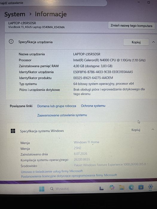 LAPTOP ASUS X543MA-DM621T – sprawny, SSD 256 GB