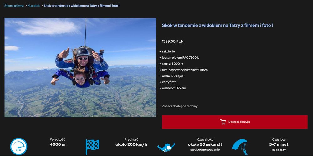 Voucher na skok ze spadochronem w Nowym Targu z widokiem na Tatry