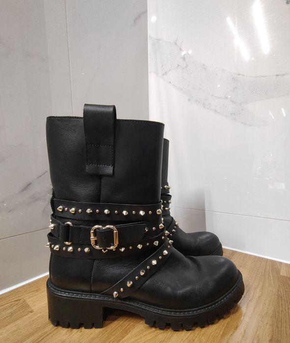 Twinset Milano skóra naturalna Botki motocyklowe