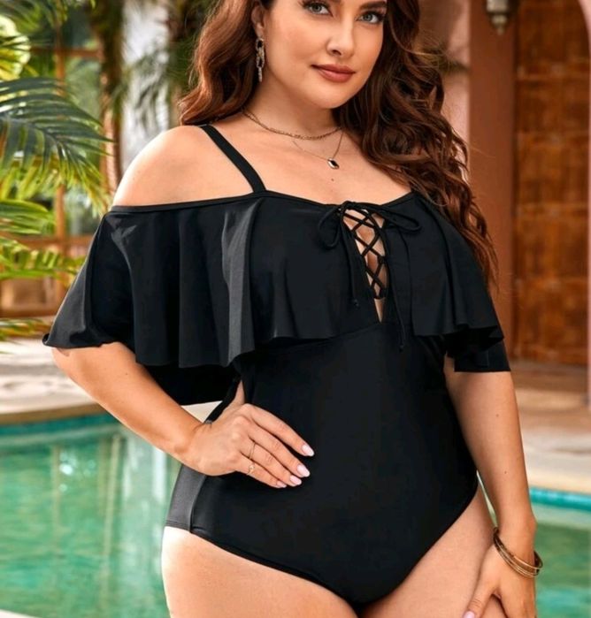 Купальник сдельный большого размера с воланом на плечах XXXL