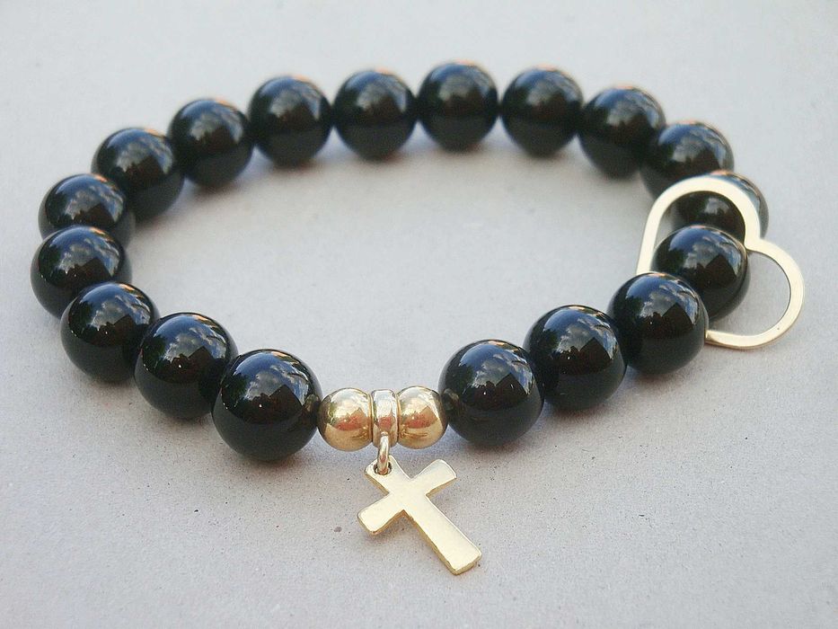 Bransoletka damska z Onyksu czarnego z kulkami, krzyżykiem i sercem