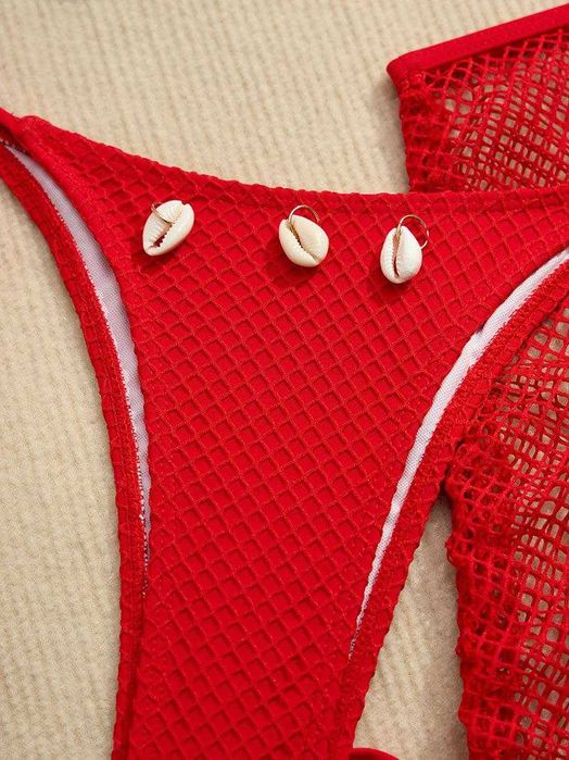 Женский красный раздельный купальник сетка размер М (лиф, плавки юбка)