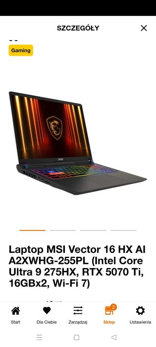 Laptop MSI Vector 16 HX AI A2XWHG-255PL (Intel Core Ultra 9 275HX, RTX 5070 Ti, 16GBx2, Wi-Fi 7)