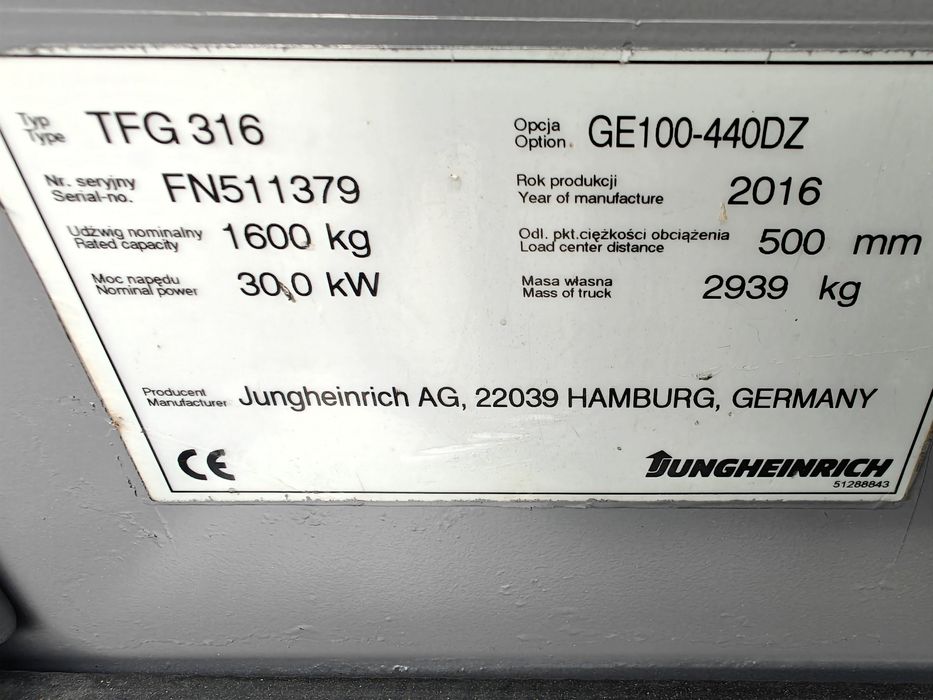 Wózek Jungheinrich TFG316 1.6T Lpg Kabina Triplex 2016r Niski Przebieg