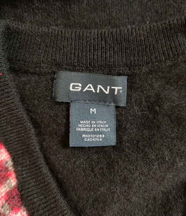 Sweter wełniany Gant M 38 wełna czarny czerwony szachownika kratka