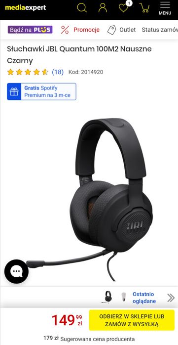 Słuchawki JBL  Quantum 100M2
Słuchawki JBL Quantum 100M2