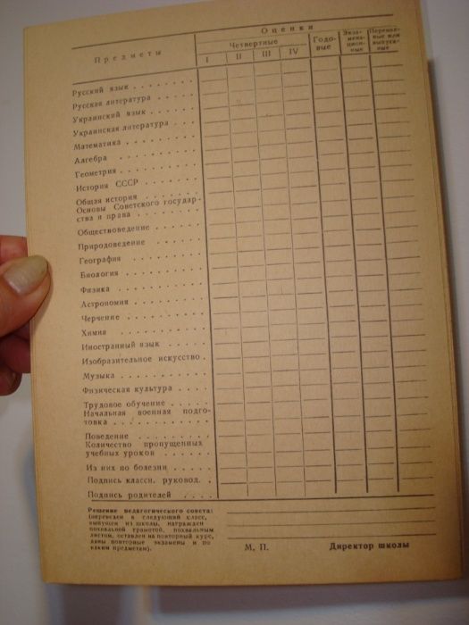 табель успеваемости поведения посещаемости школы УССР 1985 чистый