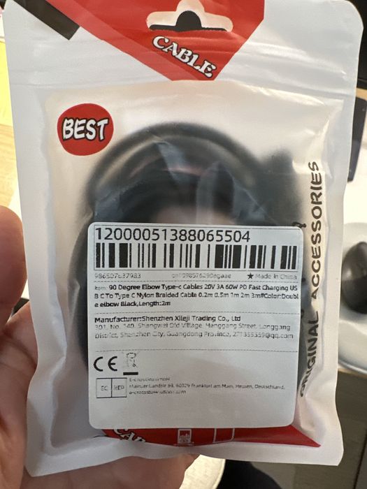 Kabel USB-C na USB-C (końcówki 90 stopni, kąt prosty), Czarny, 2m