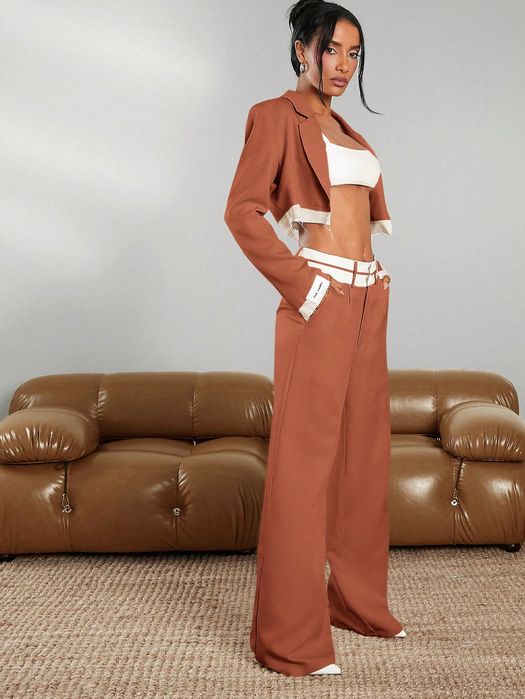 Komplet Elegancki Marynarka +Spodnie Z Szerokimi Nogawkami Haute S 36