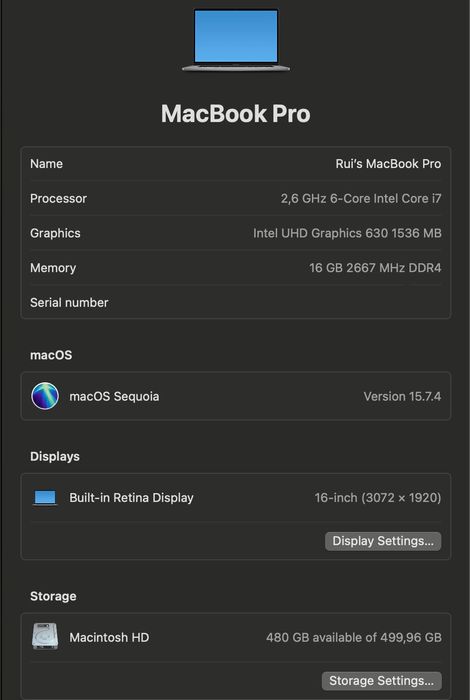 MacBook Pro 16” 2019 - i7 | 16GB | 500GB | COMO NOVO