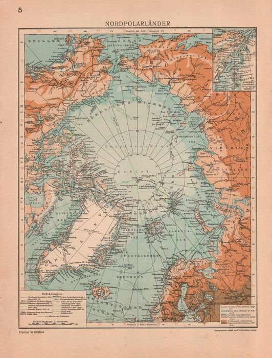 Arktyka Biegun Pn. Wyprawy polarne. Stara mapa 1927 r. oryginał