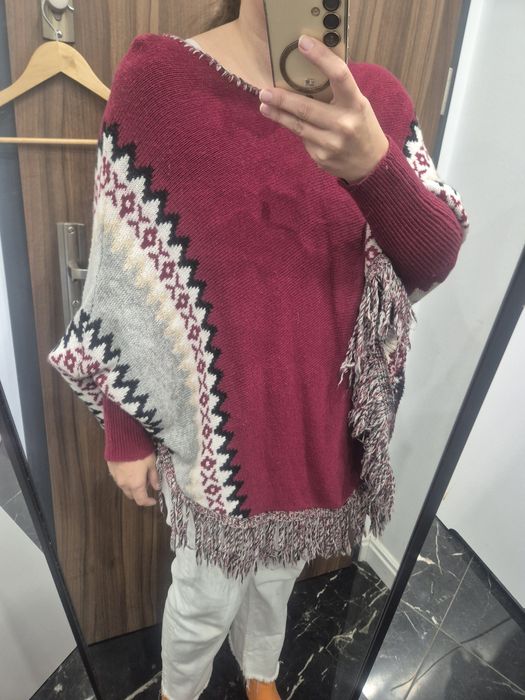 Poncho grube zimowe boho indian czerwone one size