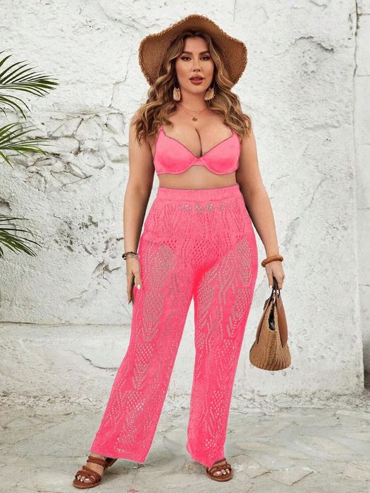 Spodnie Letnie Plażowe Szydełkowe Ażurowe Różowe Casual Shein Xxl