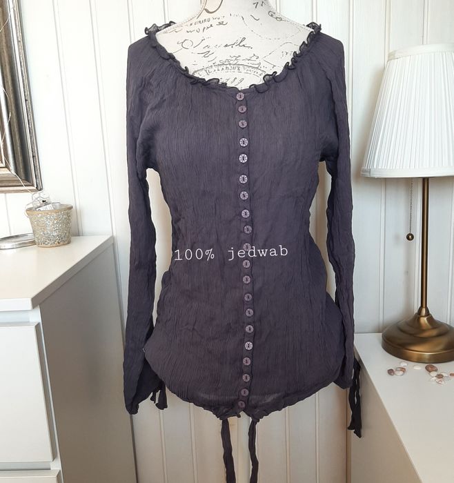 Jedwabna, śliwkowa, szara bluzka z falbanką by Ti Mo 38 40