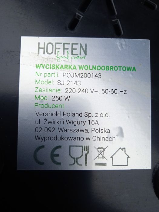 Wyciskarka wolnoobrotowa Hoffen 250 W