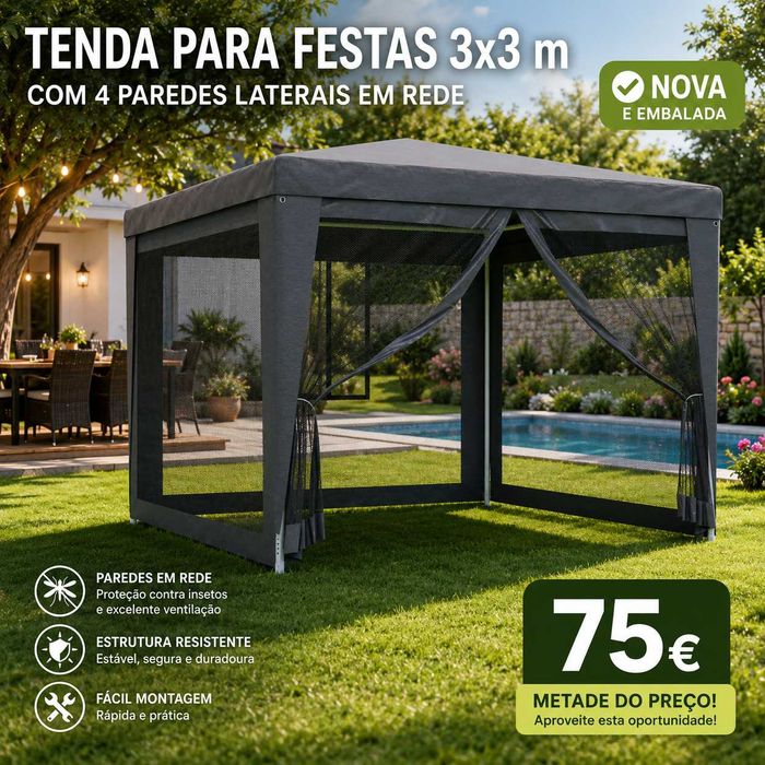 Tenda para Festas 3x3 m VidaXL c/ 4 Paredes Laterais em Rede – Nova e Embalada | Metade do Preço