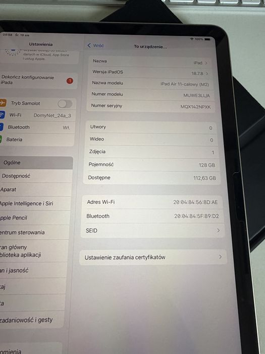 Bateria 91% iPad Air 11” M2 128gb Silver WiFi + Pisak Baseus