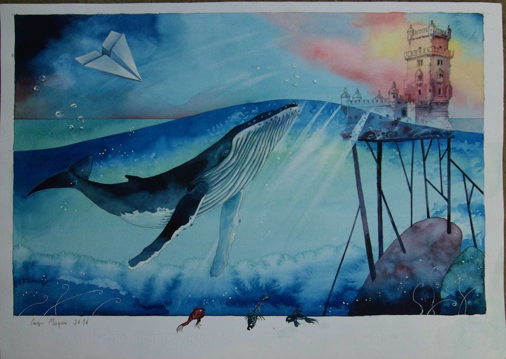 Aguarela. Original de Carlos Marques. Lisboa, Torre de Belém e Baleia.