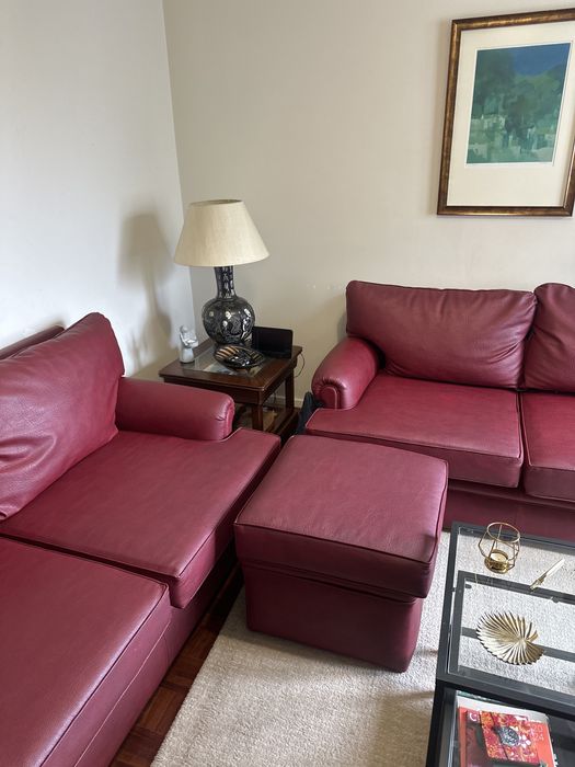 2 Sofás de 2 lugares + apoio de pés em pele