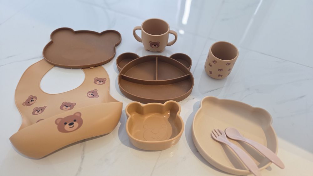 Silikonowe naczynia dla niemowlaka bez bpa miś śliniak kubek talerzyk