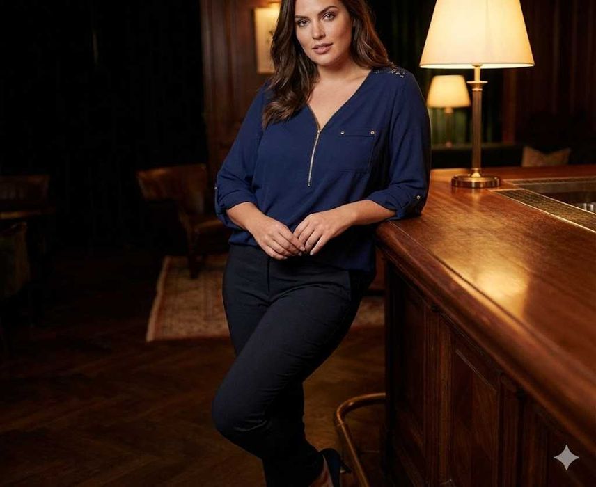 Granatowa Elegancka Bluzka ze Złotym Zamkiem, Koronka na Plecach L