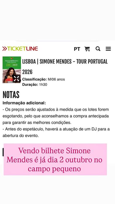 Bilhete para a Simone Mendes dia 2 de outubro no campo pequeno