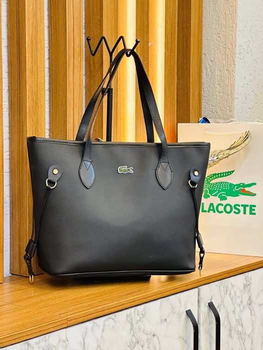 Сумка большая черная белая  женская Lacoste Шопер Лакоста
