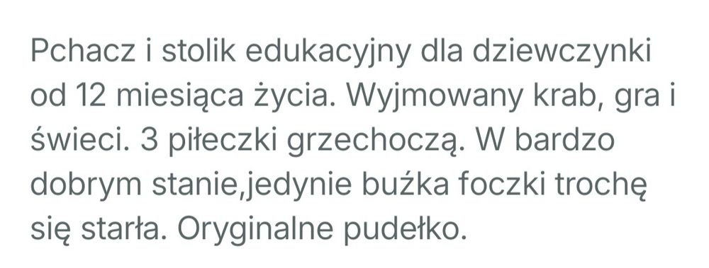 Pchacz dla dziewczynki stolik edukacyjny 12+
