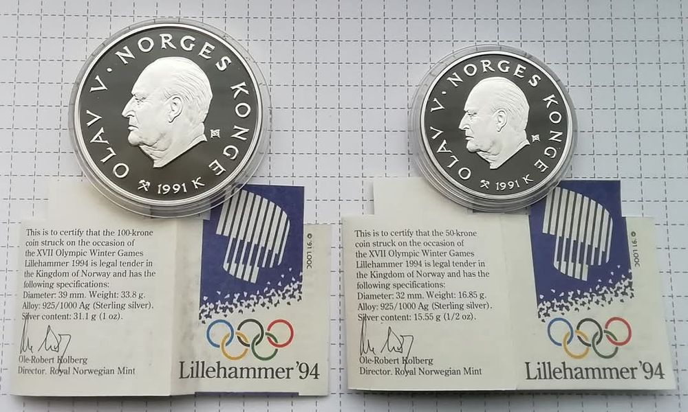 Норвегія 50 та 100 крон 1991р.Олімпійські ігри! СРІБЛО.ПРУФ.Сертифікат