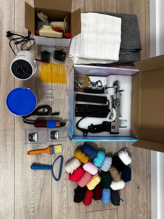 Zestaw Tufting Gun, trymer, nici, materiał, klej itp